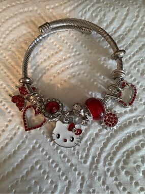 Hello Kitty Silver & Red Charm Bangle Bracelet